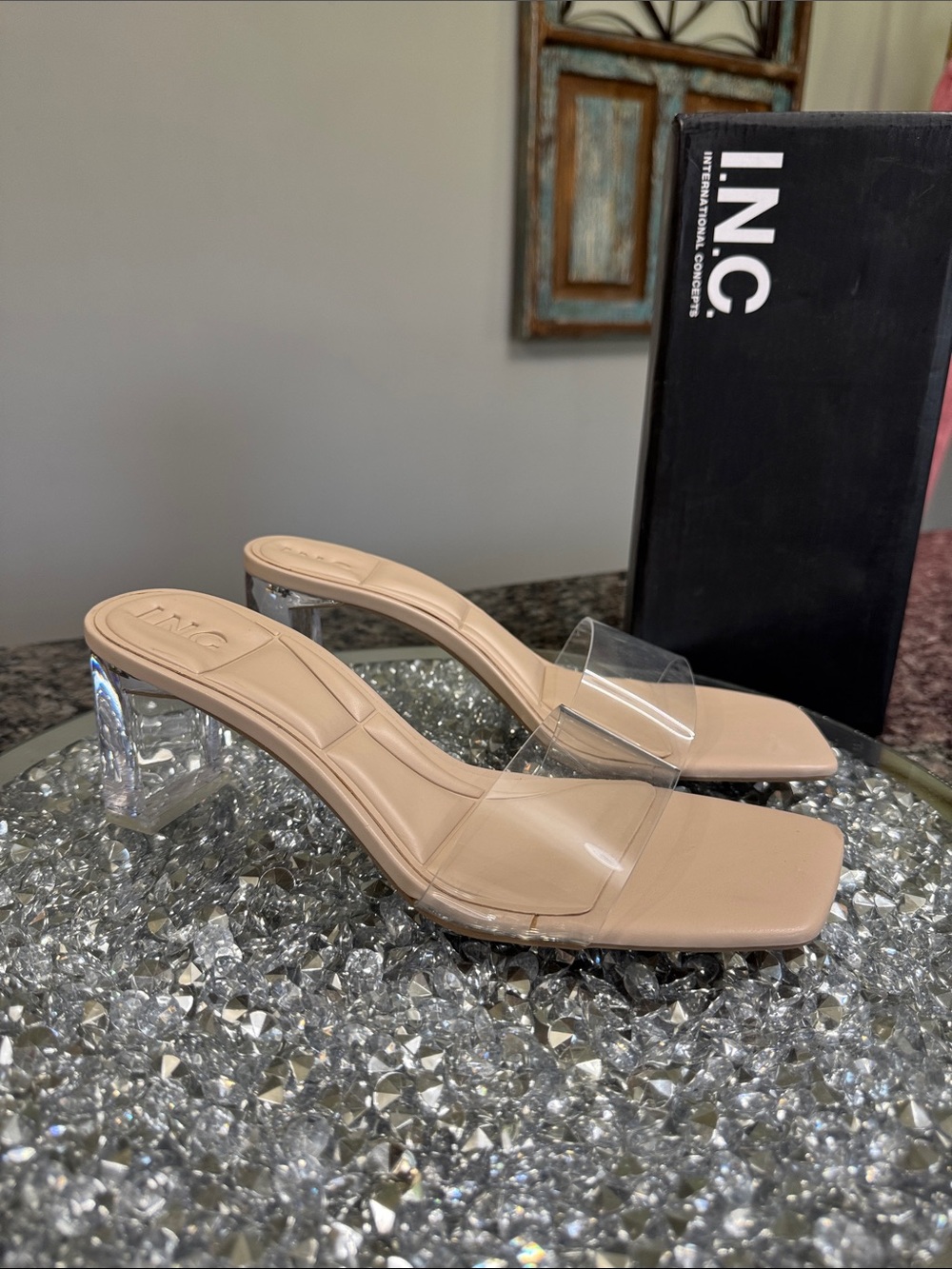 INC International Concepts Beige Nude Heeled Sandals Clear Strap / heels NEW